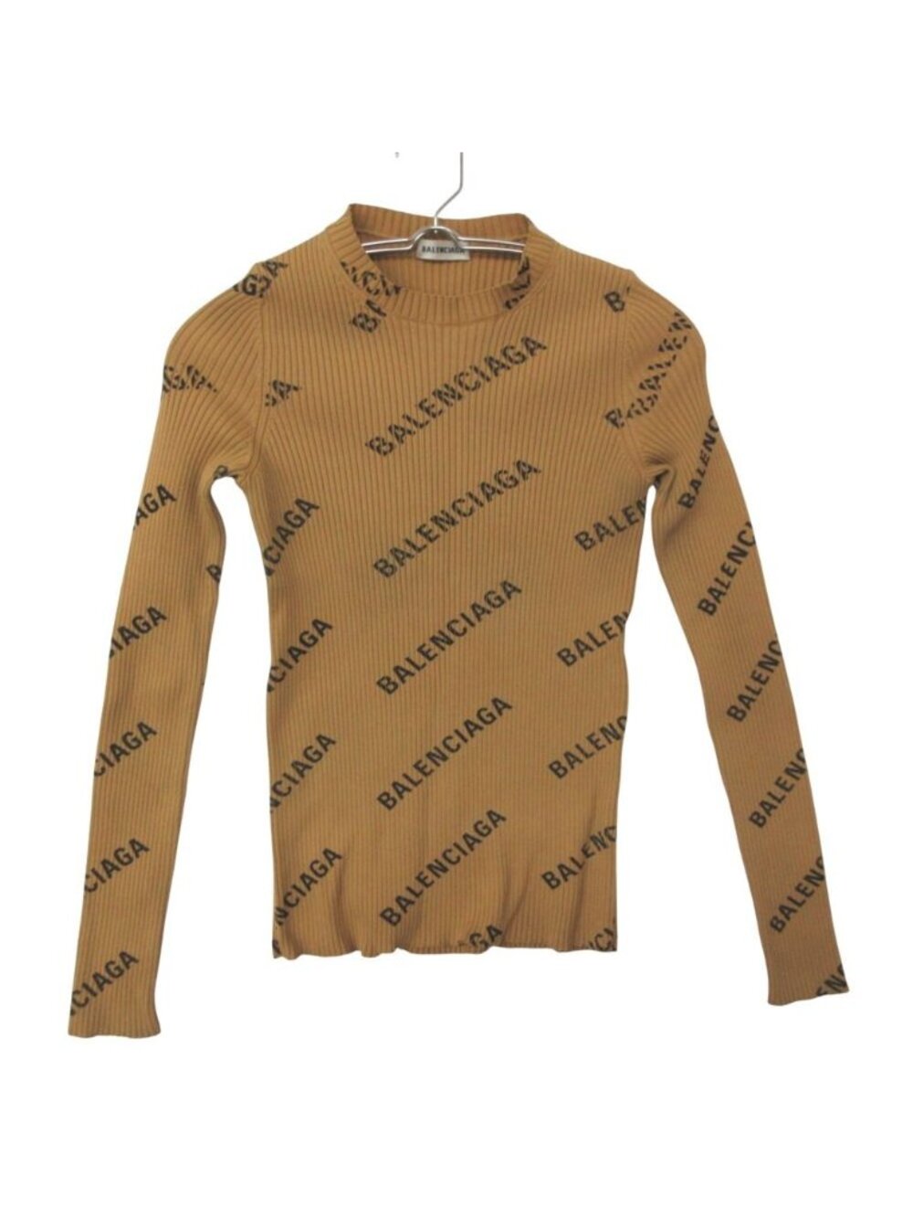 Balenciaga Knit Sweater Long Sleeve Logo Ribbed Tight Fit Top Camel XS